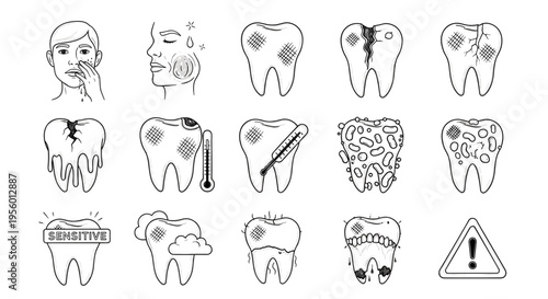 Collection of hand drawn dental health icons illustrating tooth decay cavities pain and warning signs for oral hygiene