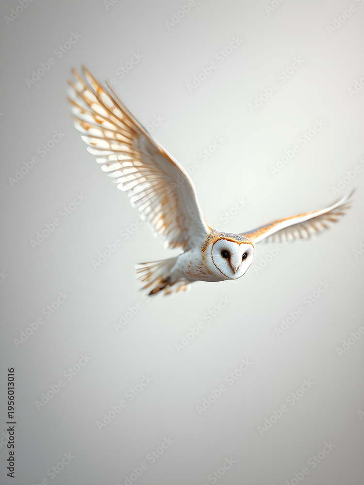 Fototapeta premium Barn owl in flight against a plain background