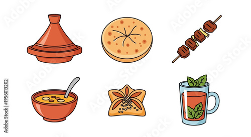 Delicious and colorful illustration of traditional Moroccan food and drink.
