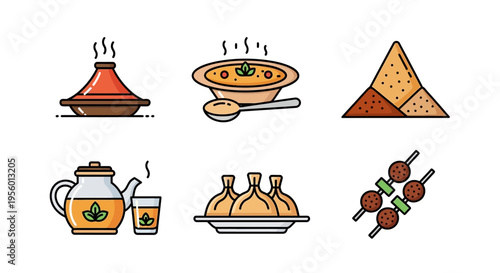 Delicious and colorful illustrations of various traditional food dishes.