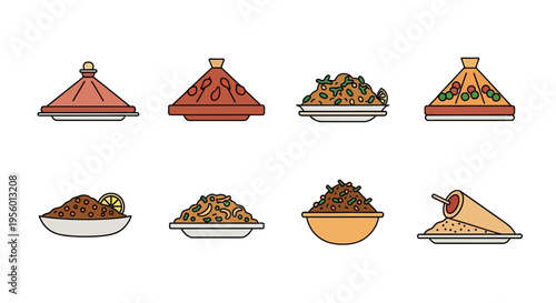 Colorful vector illustration of various traditional Moroccan tagine dishes and food.