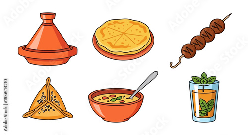 Delicious Moroccan cuisine illustration featuring tagine, bread, skewers, and tea.