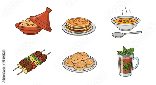 Delicious and colorful illustration of various traditional Moroccan food dishes.