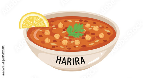 Delicious bowl of Moroccan harira soup with lemon slice and parsley garnish.