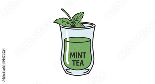 Refreshing illustration of a glass of mint tea with fresh mint leaves.