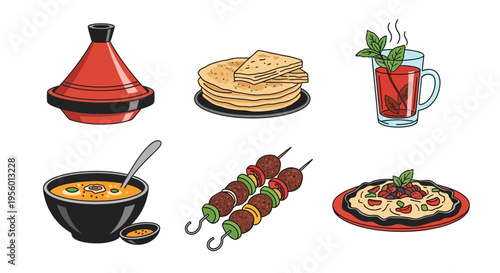 Delicious and colorful illustration of traditional Moroccan food and drinks.