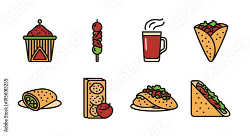 Delicious and colorful food icons representing various culinary delights and snacks.