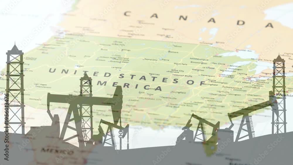 Oil Rigs Usa Map Double Exposure of Oil Pumpjacks and Drilling Derricks Over a Map of ...