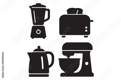 Black silhouette icons depicting a blender toaster kettle and mixer