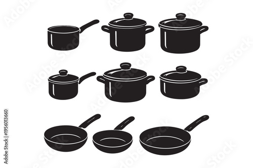 Black cookware set illustration featuring pots pans and saucepans