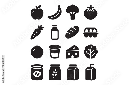 Collection of simple black silhouette icons representing various food items