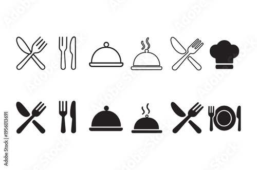 Black and white line icons depicting restaurant cutlery and cooking elements