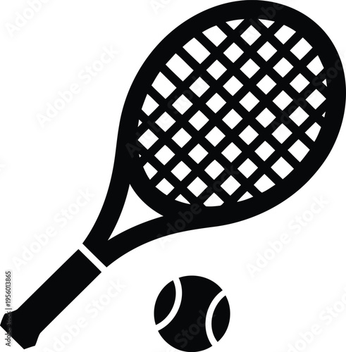 Tennis racket and ball icon silhouette isolated on white background for sports competition and fitness club equipment concepts.