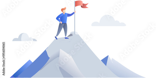 A person plants a red flag atop a snowy mountain peak