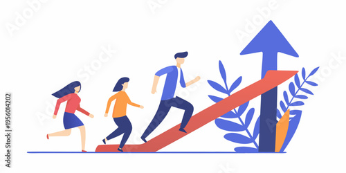 People climbing a red arrow representing growth and success