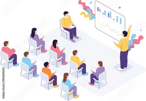 Business presentation seminar vector illustration, corporate training workshop audience learning analytics strategy meeting professional classroom conference session