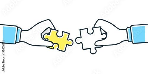 Two hands reaching to connect a single puzzle piece together