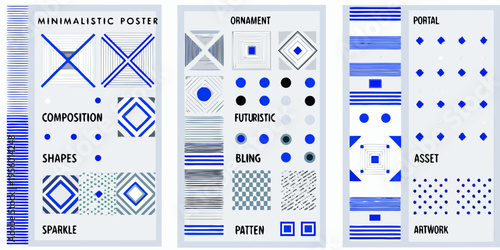 Four minimalist posters featuring geometric shapes and blue color schemes