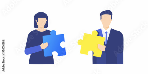 Business professionals connect puzzle pieces symbolizing collaboration and teamwork
