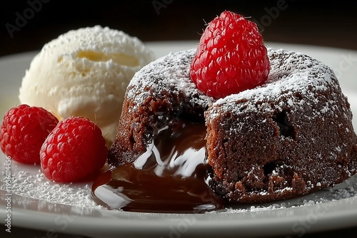 Decadent Chocolate Lava Cake with Fresh Raspberries and Vanilla Ice Cream, Dusting of Powdered Sugar