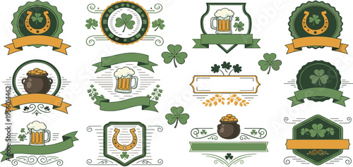 St Patrick themed emblem set with shamrock, beer mug, horseshoe and lucky symbols decorative vintage vector illustration isolated on white background