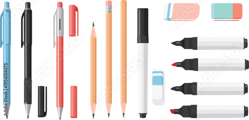 Stationery writing tools set with pens, pencils, markers, erasers and office supplies vector illustration isolated on white background