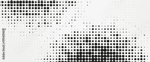 Abstract black halftone dot pattern on white background, monochrome pop art vector texture for minimalist banner, retro comic style, and modern industrial graphic design