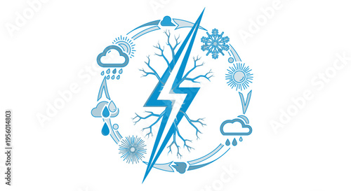 Weather Cycle Illustration with Lightning Bolt and Seasonal Icons