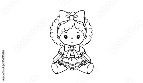 Charming Sitting Doll Coloring Book Outline with Bow and Curly Hair Vector