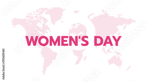 International Women's Day banner with pink world map and female symbol on white background. Global unity.