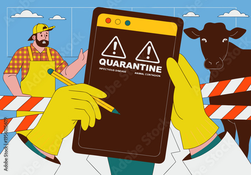 Quarantine doctors in yellow gloves holds tablet displaying quarantine warning signs, with cow and worker in background on farm, decision making and agricultural crisis, emotional confrontation