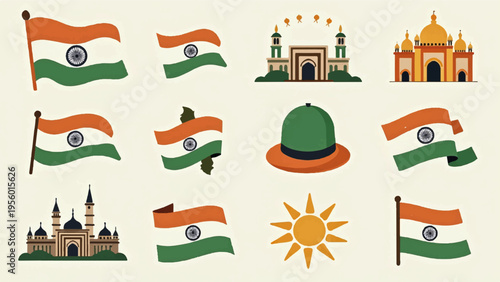 Set of 10 India icons vector, flags, landmarks