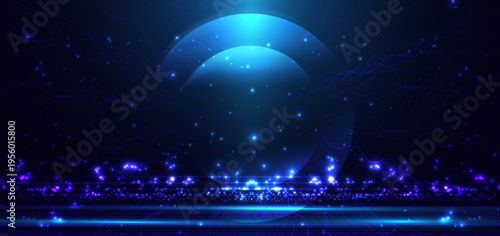 Blue neon abstract circle futuristic technology background.