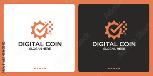 Digital Coin Logo with Gear and Checkmark Icon for Cryptocurrency Mining and Secure Fintech