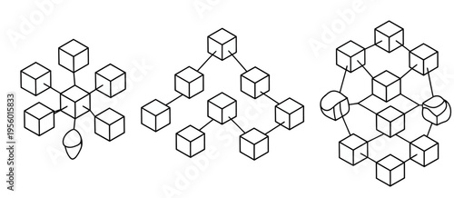 Black and white line of interconnected cubes and spheres in geometric patterns line cubes