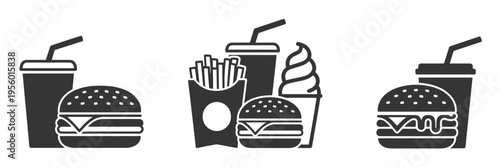 Black and white minimalist fast food with burgers fries and soft drinks