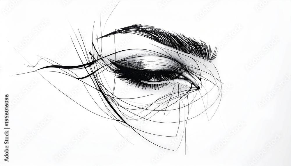 Fototapeta premium Captivating artistic illustration of an expressive eye, rendered with dynamic flowing lines and intricate detail, highlighting beauty, grace, and modern elegance in a striking monochromatic style