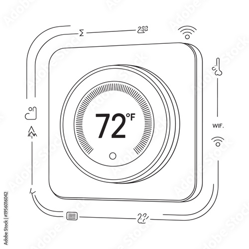 Line drawing of a smart thermostat displaying a temperature of 72 f