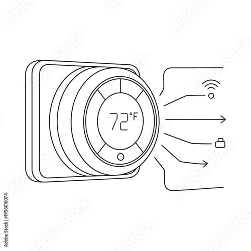 Line drawing of a smart thermostat displaying seventy two degrees fahrenheit
