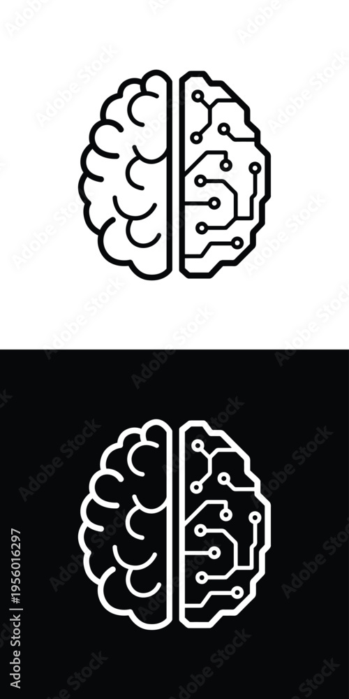 Fototapeta premium Minimal line icon of human brain and artificial intelligence concept split brain symbol representing comparison between technology and human thinking creativity innovation and digital future