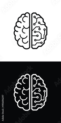 Minimal line icon of human brain and artificial intelligence concept split brain symbol representing comparison between technology and human thinking creativity innovation and digital future