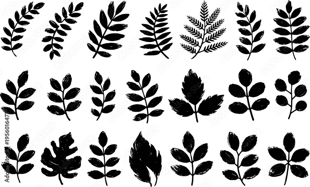 Fototapeta premium Collection of black botanical leaf sprigs and branches with textured brush stroke effect