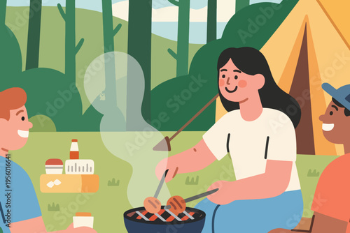 Illustration Of A Group Of Teenagers Camping In The Forest Cooking In Front Of The Campsite Vector Design Template
