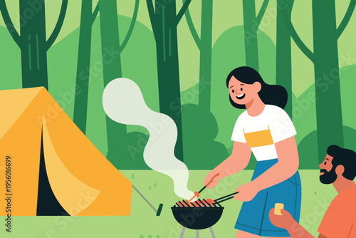 Illustration Of A Woman Cooking In Front Of A Campsite, A Man Helping Her Vector Design Template