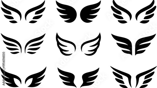 Collection of black stylized angel wings and bird wings white background
