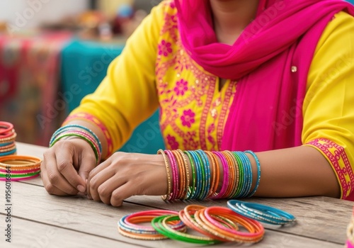 Woman wearing colorful bangles on her arms while sitting at a table