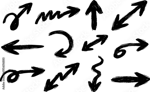 Collection of hand drawn black arrows pointing in various directions a white background
