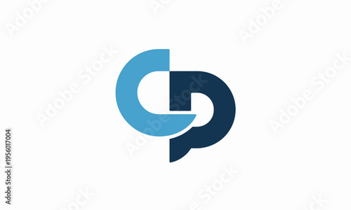 Abstract blue and dark blue intertwined shapes forming a stylized letter C and P