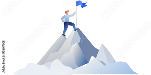 Man triumphantly plants a flag atop a jagged mountainous peak