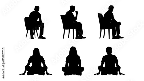 Collection of black silhouettes of people sitting on chairs and meditating on the floor for mindfulness and waiting concepts